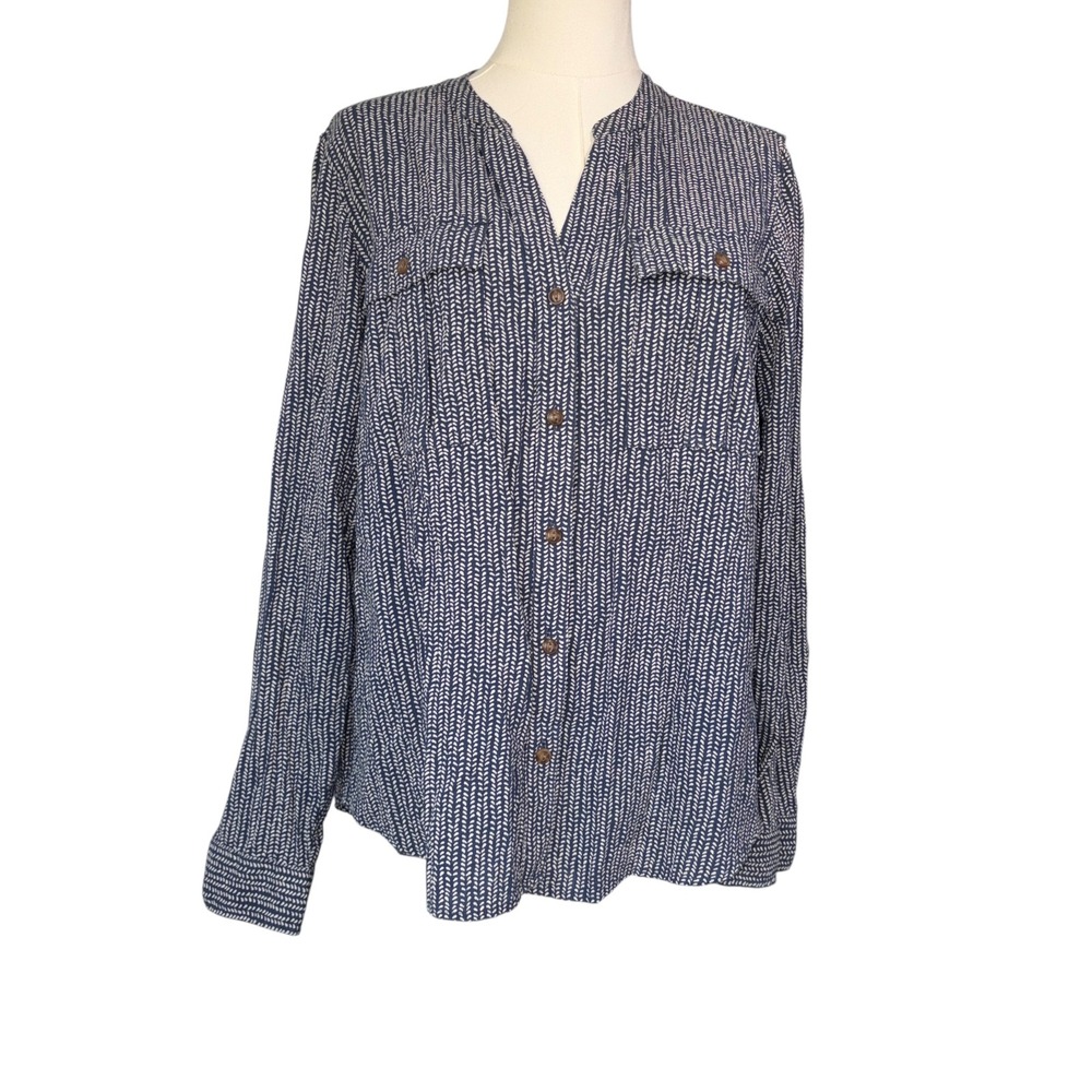 L.L.Bean Button Down Women Chevron Excellent Organic Cotton Casual M Blue White